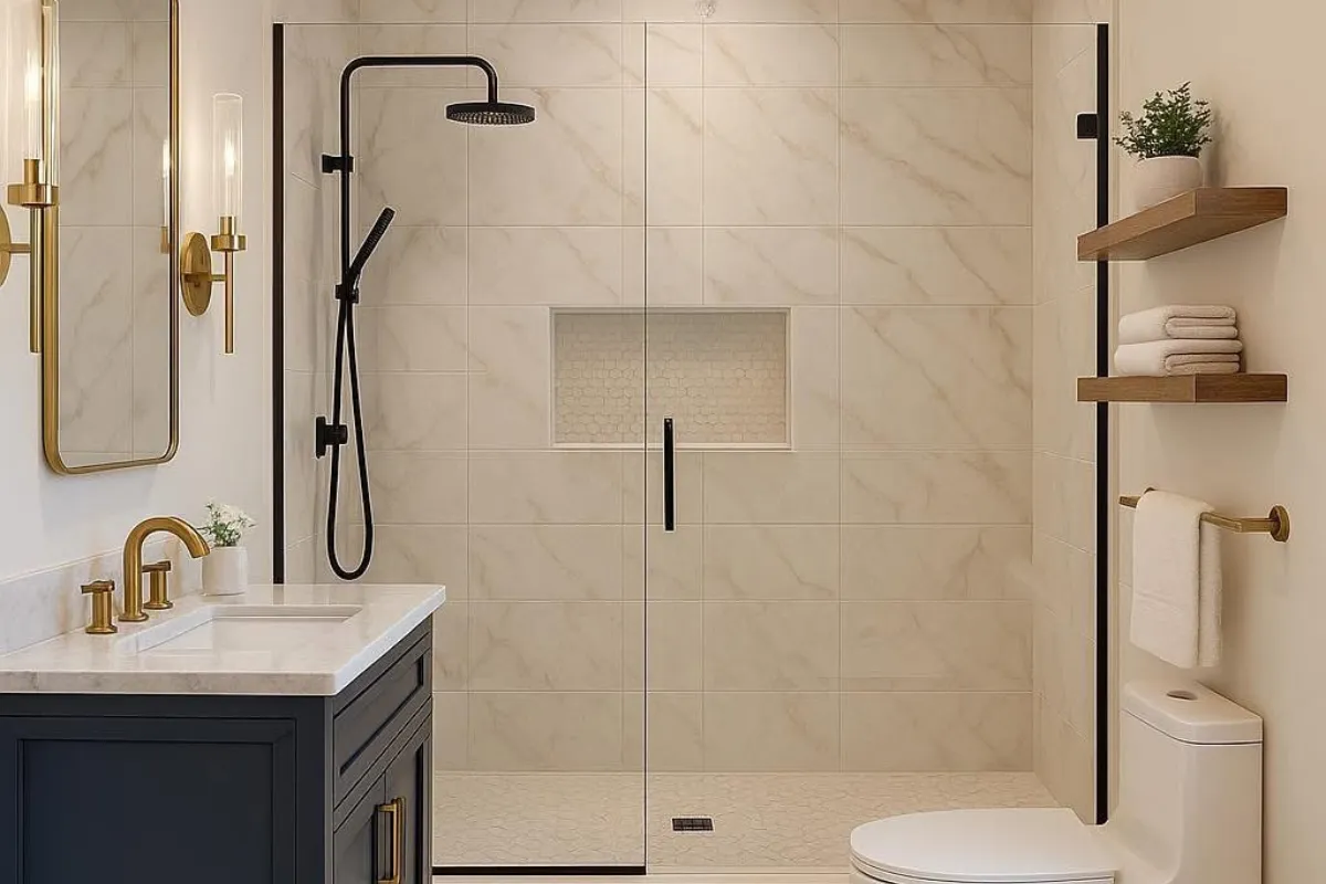 Bathroom remodeling project in Cornelius, NC, with updated vanity, lighting, and flooring