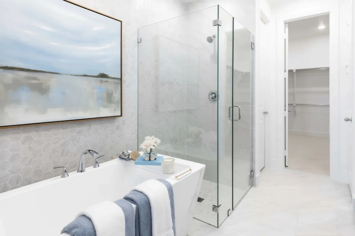 Completed bathroom remodeling project in Cornelius, NC with walk-in shower conversion