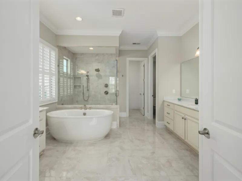 Custom tile and flooring installation in a Cornelius, NC bathroom, with large-format porcelain floor tile and matching shower surround